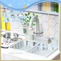 Set Cucina Giocattolo in Legno con Fornello, Luci e Suoni, Lavello con Circolo d'Acqua e Accessori, Bianco