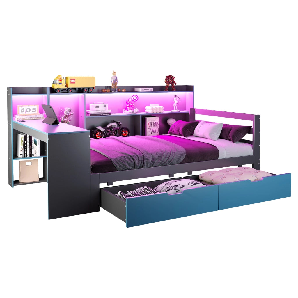 Letto a Soppalco con Scrivania ¨C MINIMAL ¨C Nero e Blu, Legno, 90x200, LED, Cassetti, Contenitore