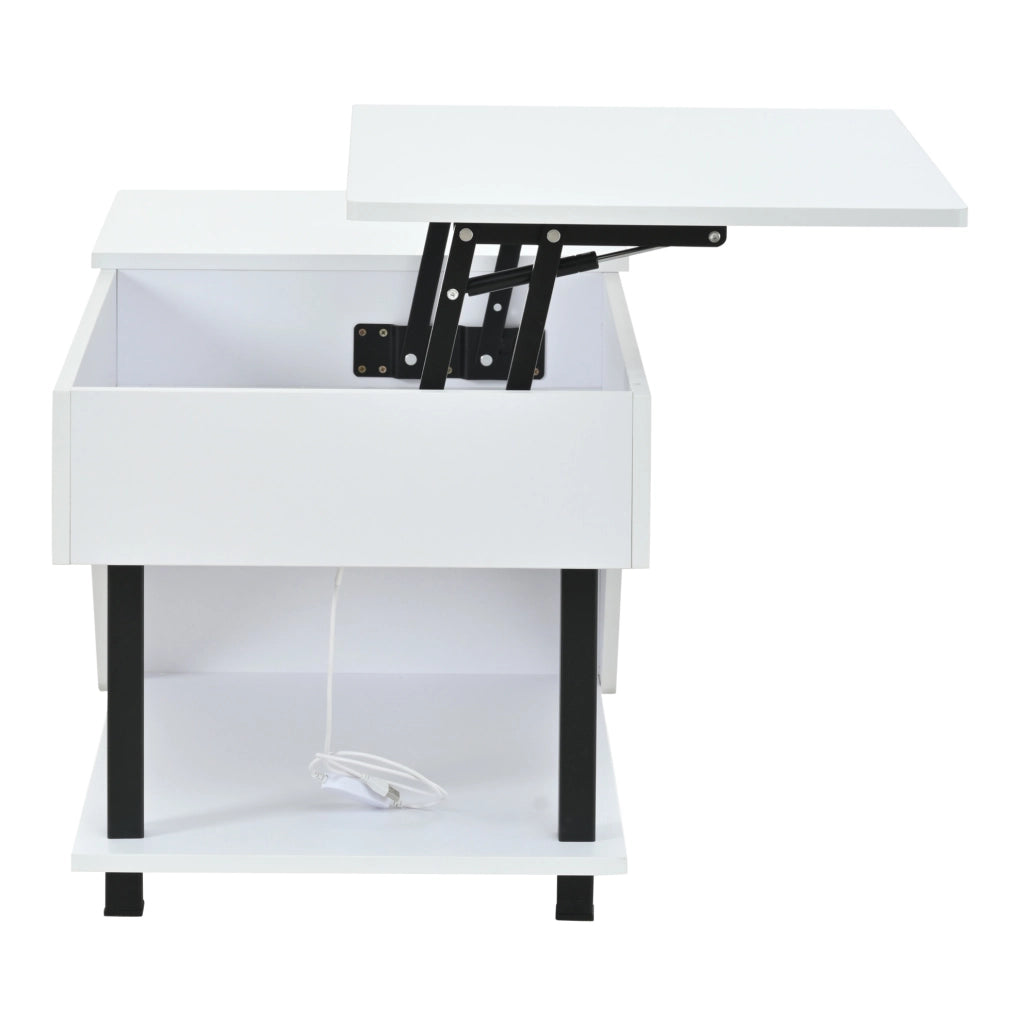 Tavolino da salotto sollevabile 50 x 100 x 46 cm in truciolare bianco con LED e vano contenitore