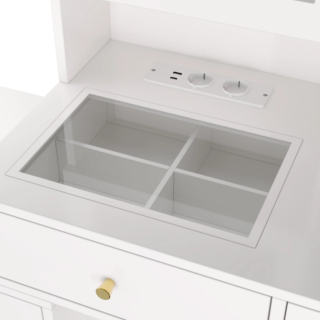 Toeletta con 3 cassetti; specchio LED; USB e Type-C - per camera da letto - bianco - 140x40x140 cm