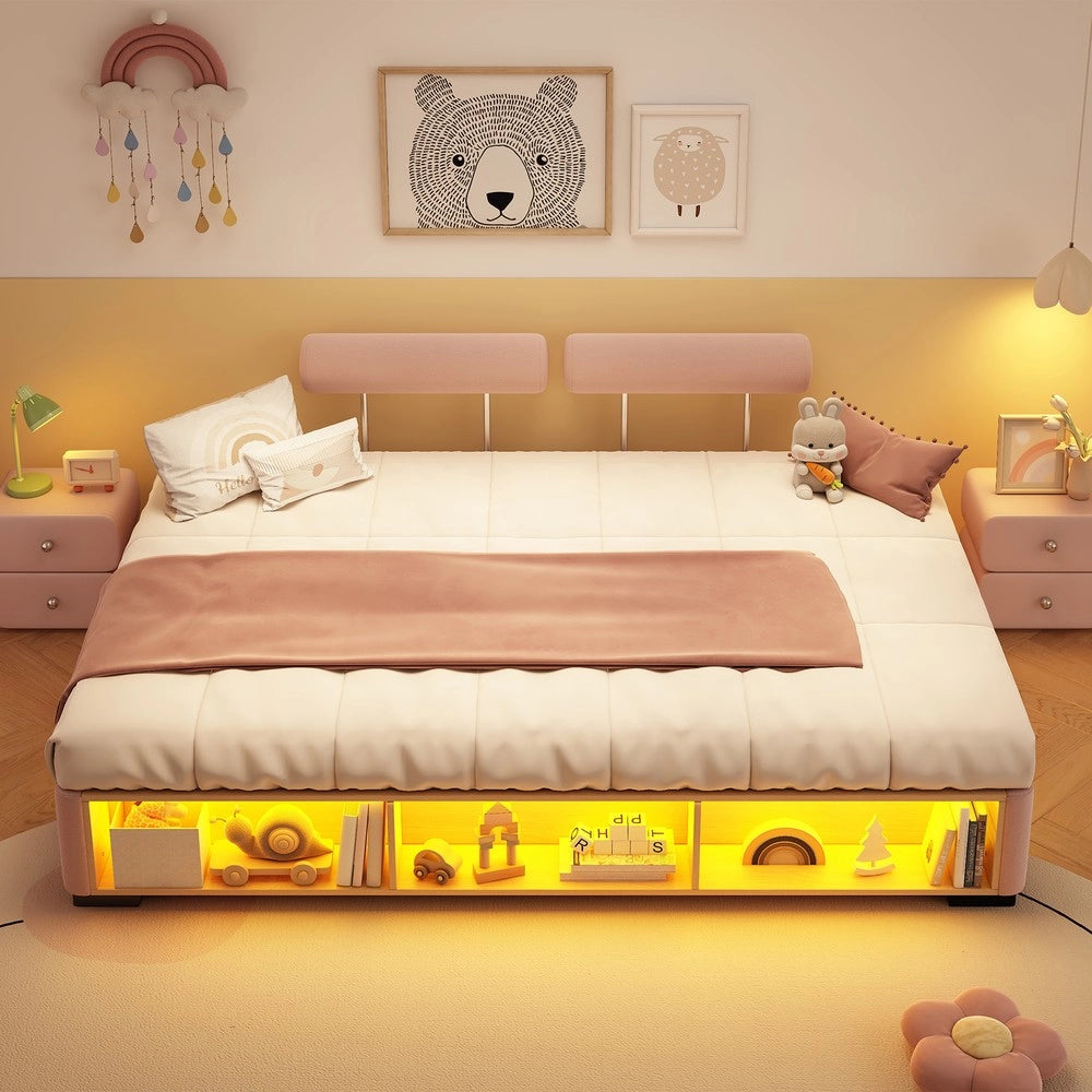 Letto imbottito per bambini ¨C Minimal ¨C Rosa con LED 140x200 cm