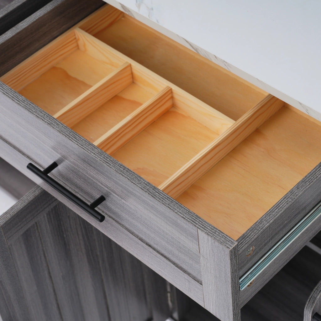 Carrello da cucina con piano ribaltabile, 129x71x91,5 cm, con 2 cassetti, vani regolabili e 5 ruote, bianco e grigio