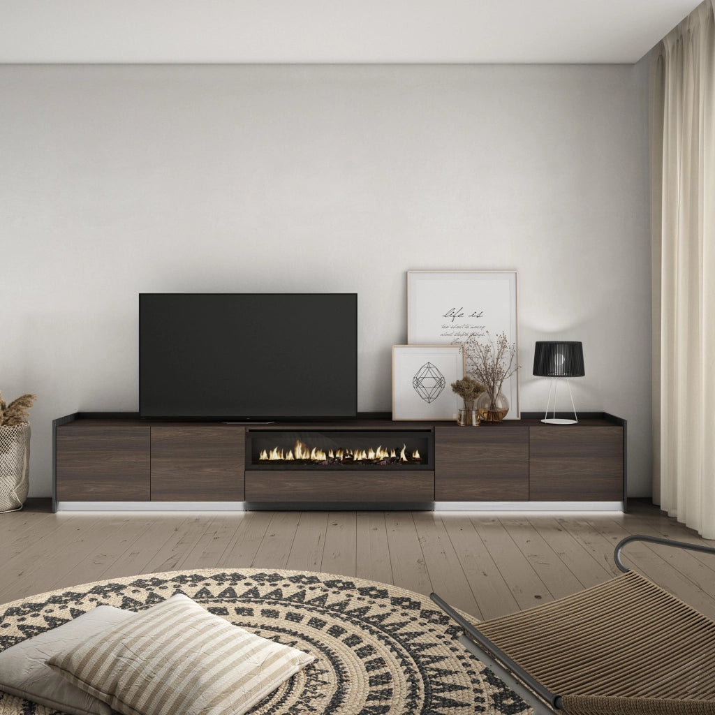 Mobile TV Soggiorno, 310x50x37 cm, Per TV fino a 80", Camino elettrico, LED, Rovere scuro e Nero