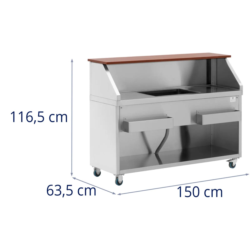 Mobile bar con vaschetta per ghiaccio e portabottiglie piano di lavoro 150 cm effetto legno acciaio inox 14_0008401