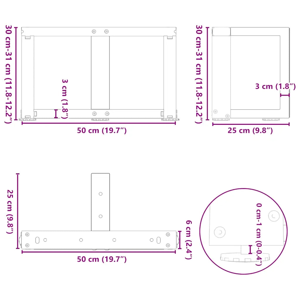 Gambe per Tavolino da Caffè a Forma di T 2 pz Nere 50x25x(30-31) cm Acciaio 4013008