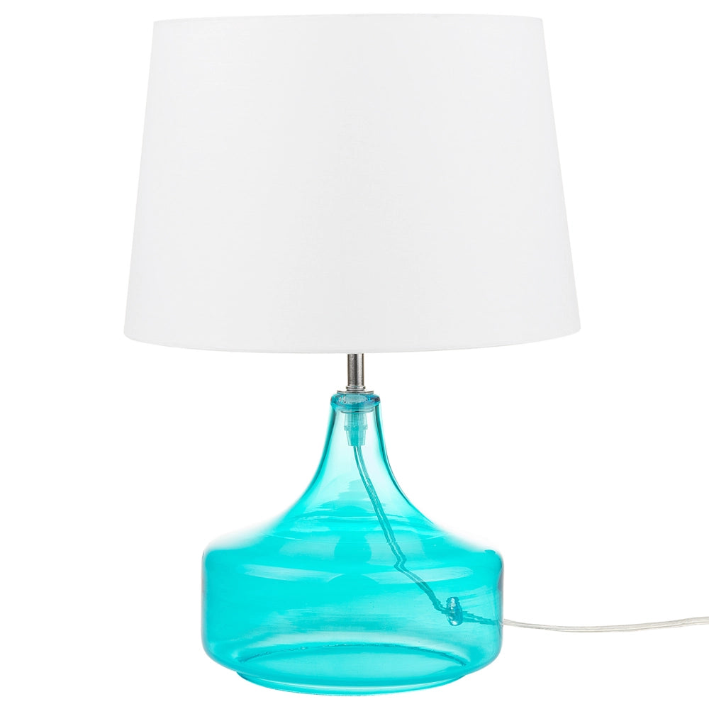 Lampada da Tavolo Turchese e Bianco con Base in Vetro Trasparente Paralume Tamburo in Poliestere Design Moderno