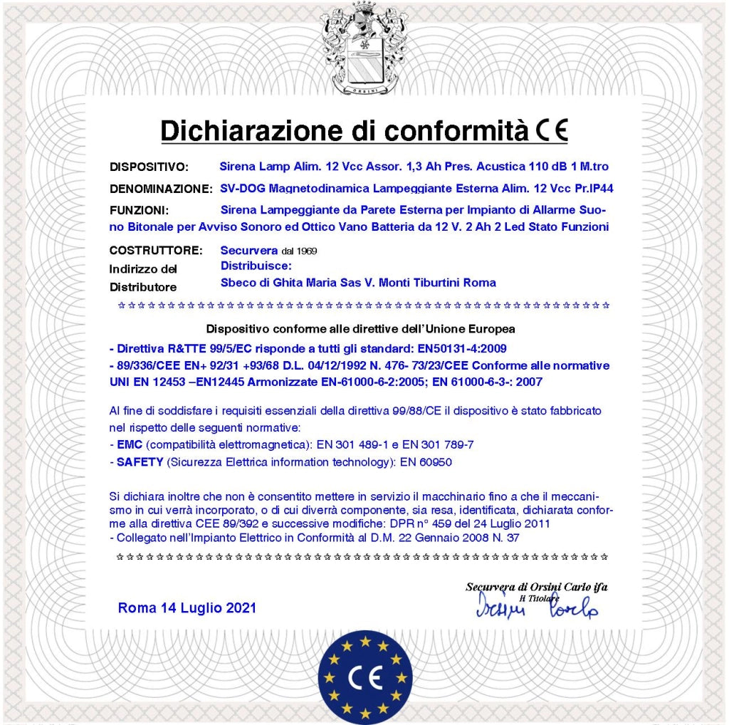 Sirena Doge Antifurto da Esterno Melodia 4 Selezioni Frequenza Suono 900/1625 Hz Tromba Magnetodinamica Aliment. 12 Vcc Assorb. 1,3 A IMQ EN50131-4:2009 Grado 3 Contenitore ABS Sottocoperchio Acciaio