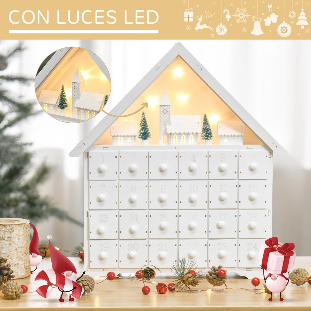 Calendario dell'Avvento in Legno con 24 Cassetti e Luci LED ¨C zephmum ¨C Bianco 39x9x42 cm