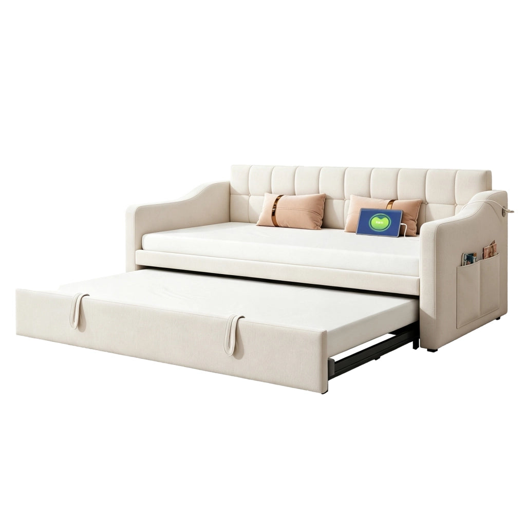 LETTO Imbottito Estraibile 90x190 cm Velluto Beige con Porte USB