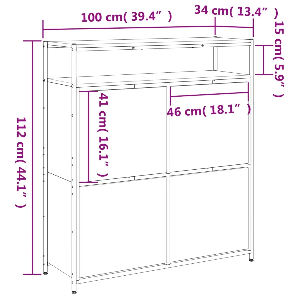 Scarpiera 4 Cassetti Ribaltabili-Scaffale per scarpe Grigio Sonoma 100x34x112 cm