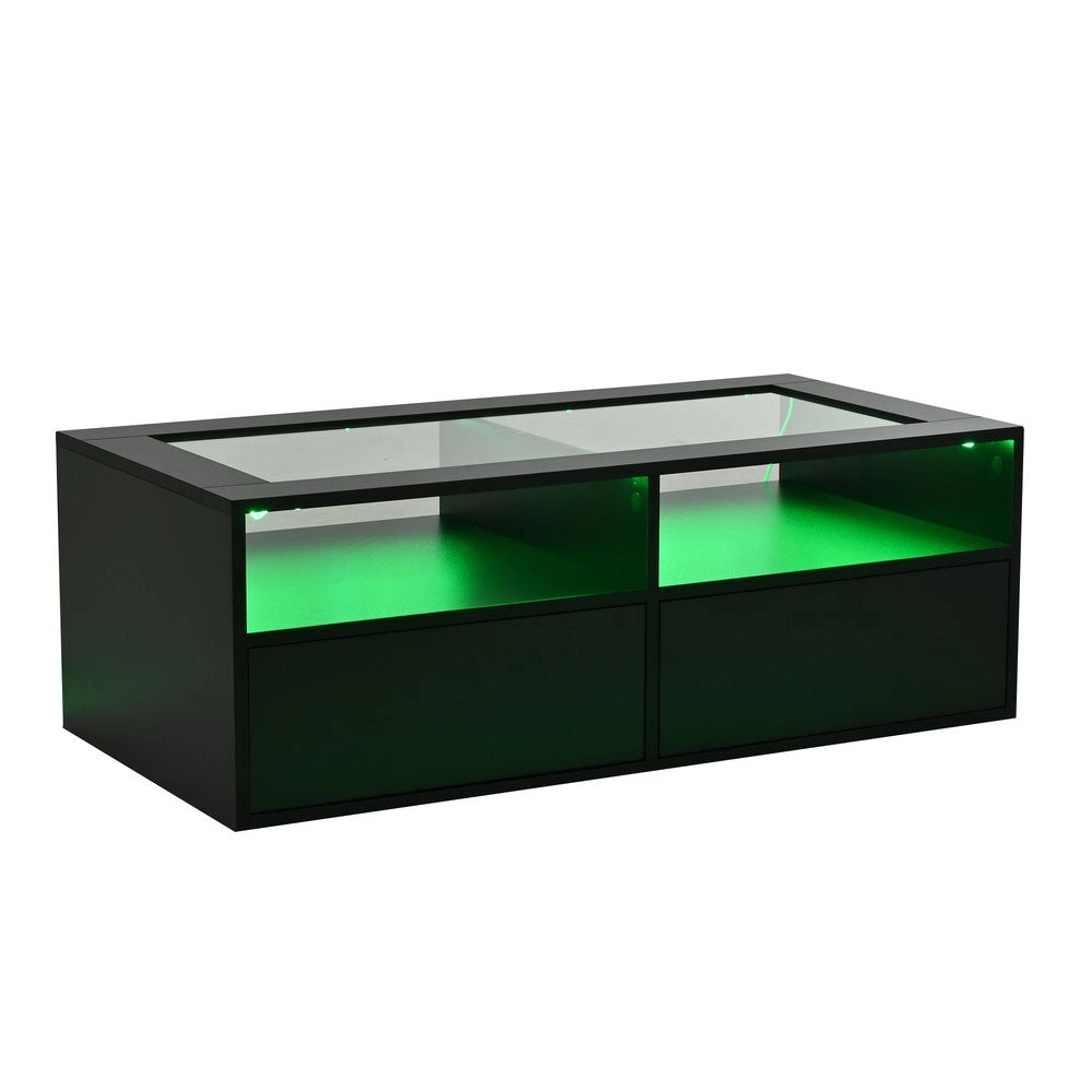 Tavolino da Caff¨¨ con LED e 2 Cassetti ¨C MINIMAL ¨C Vetro Nero, Design Moderno, 100x50x35