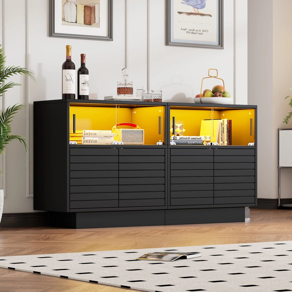 Credenza con 4 Ante Scorrevoli in Vetro e LED; Stile Industriale Moderno; in Pannello Truciolare; 130??35??68 cm; Nero