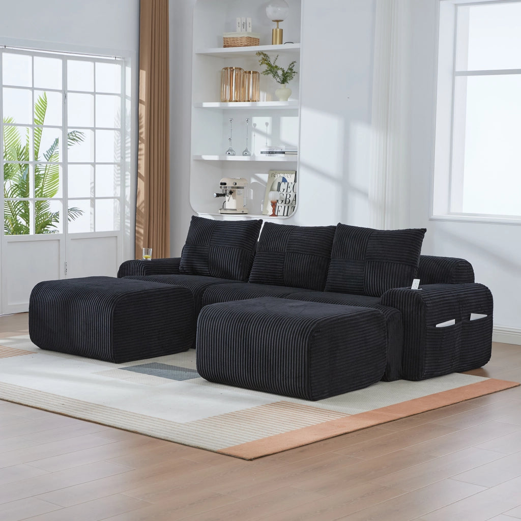 DIVANO Modulare a 3 posti in velluto a coste nero, 268x174x66 cm