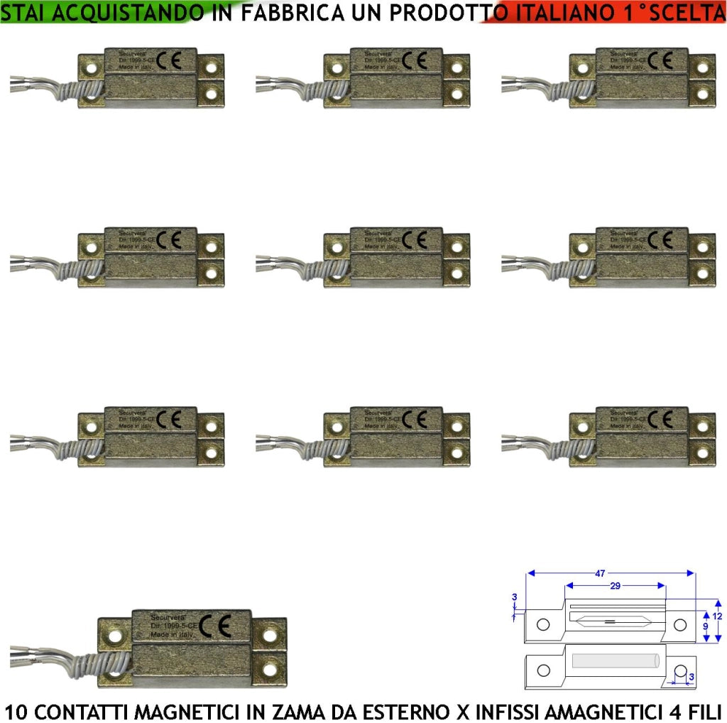 Rilevatore Magnetico in Zama Esterno Con Alette di Fissaggio Forate 10 Pezzi Reed Sottovuoto Sensibilità Magnetica 10 mm Tensione Max 30 V 10 W Carico Resistivo Uscita 4 Fili 2 NC e 2 Tamper Pr. IP65