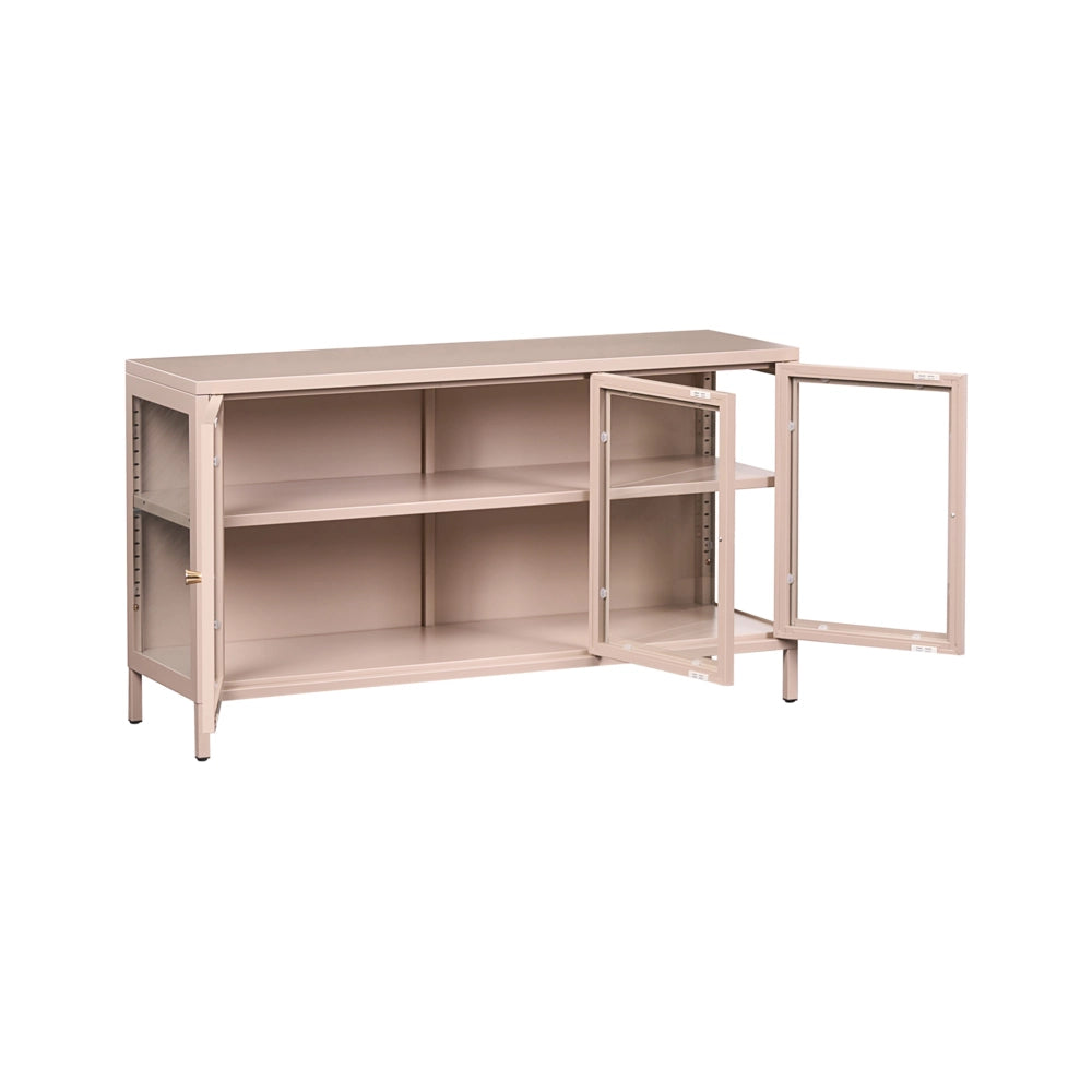 Credenza in acciaio con vetro temperato a 3 ante e ripiani regolabili beige arredi per il soggiorno dal design moderno.