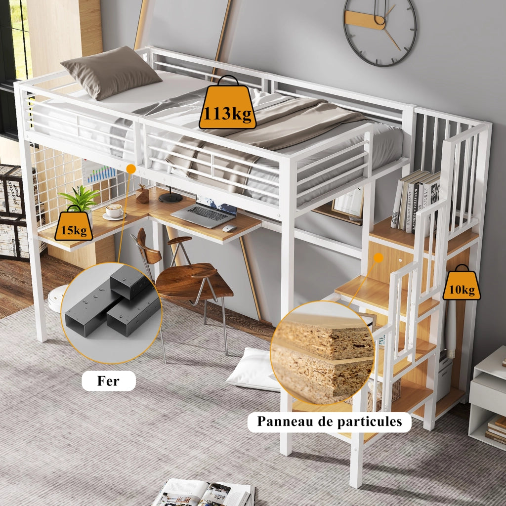 OKWISH Letto a Soppalco 90×200 cm, Letto Singolo con Scala Laterale, Scrivania e Armadio, senza Materasso, in Metallo e MDF, Bianco Naturale