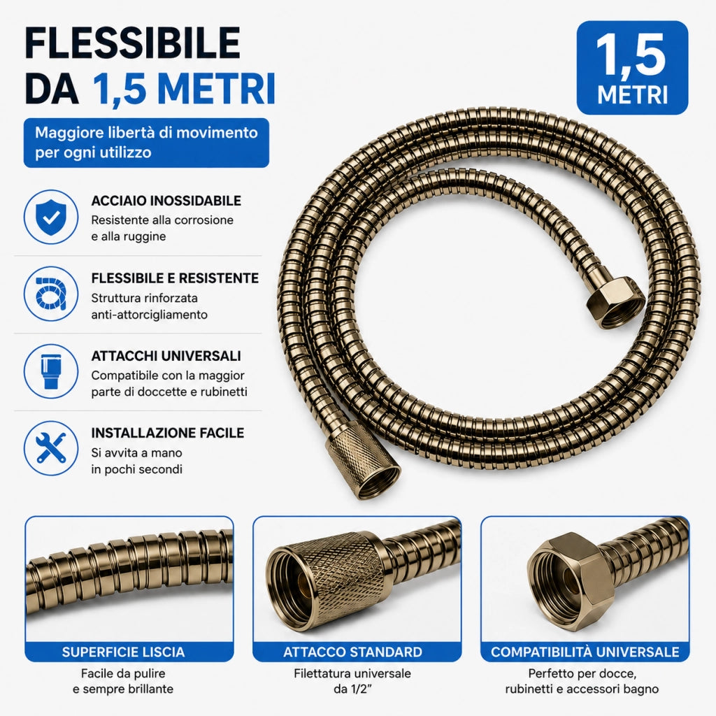 Flessibile Doccia Bronzo Lunghezza 150 cm / 200 cm Attacco 1/2" Per Asta Doccia 150 cm
