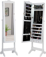 Armadietto per Gioie, Portagioie Verticale, Armadietto con 14 Luci a LED, Specchio Regolabile in Altezza, Armadietto con Specchio, Supporto Triangolare, Legno (bianco)