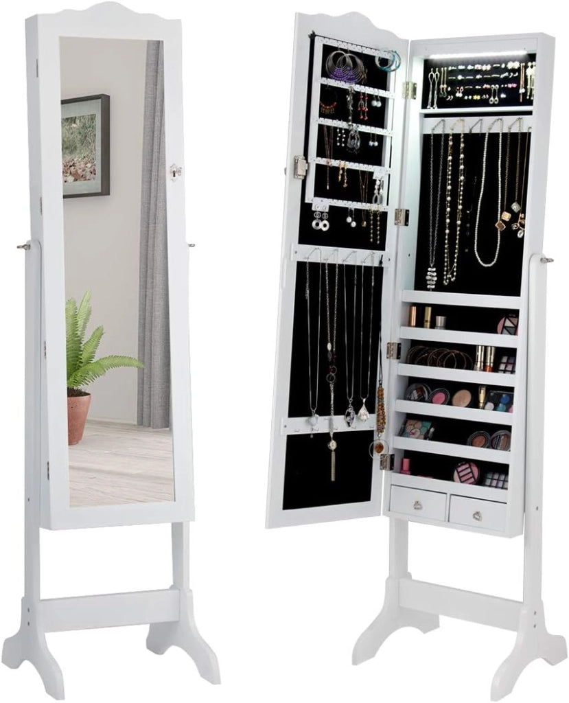 Armadietto per Gioie, Portagioie Verticale, Armadietto con 14 Luci a LED, Specchio Regolabile in Altezza, Armadietto con Specchio, Supporto Triangolare, Legno (bianco)