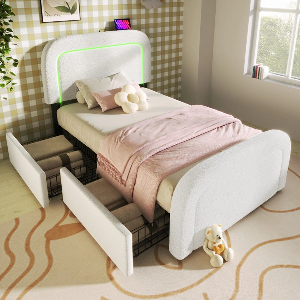 OKWISH Letto con Cassetti Singolo, USB, Type-C, LED e 2 Cassetti, 90 x 200 cm, con Materasso, Bianco