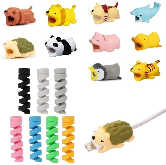 Cableprotettori - Animali - Silenziatori di cavo in silicone - 17 pezzi - Protezione contro le pieghe - Per telefoni e laptop - Vari colori