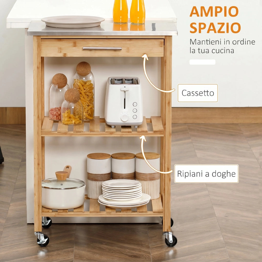 Carrello da Cucina con Piano in Acciaio Inox Cassetto e Mensole a Doghe in Bambù