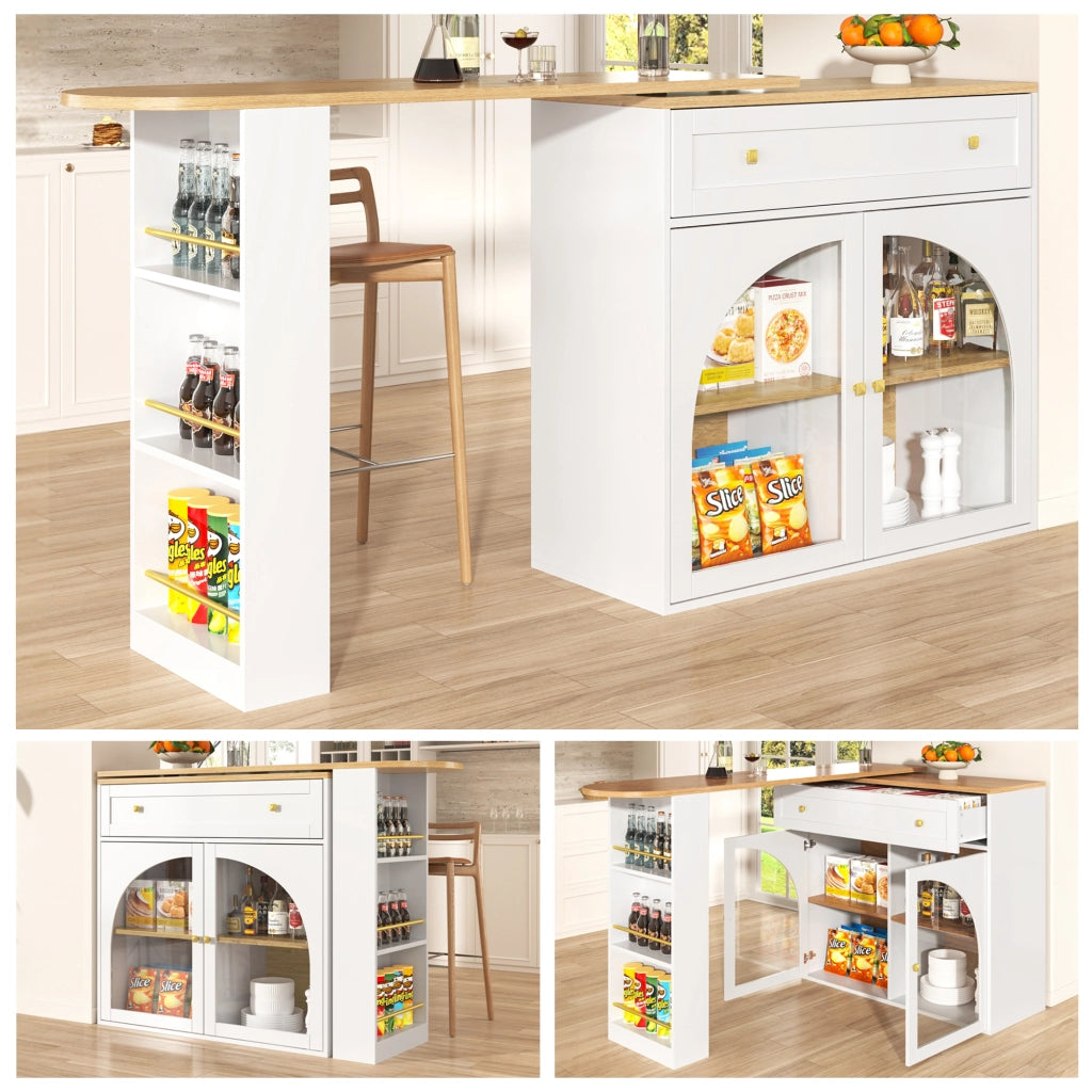 Tavolo da Pranzo con Scaffale a 3 Livelli; Ante in Vetro e Rotazione 360; in MDF; 138-204x39x104 cm; Bianco