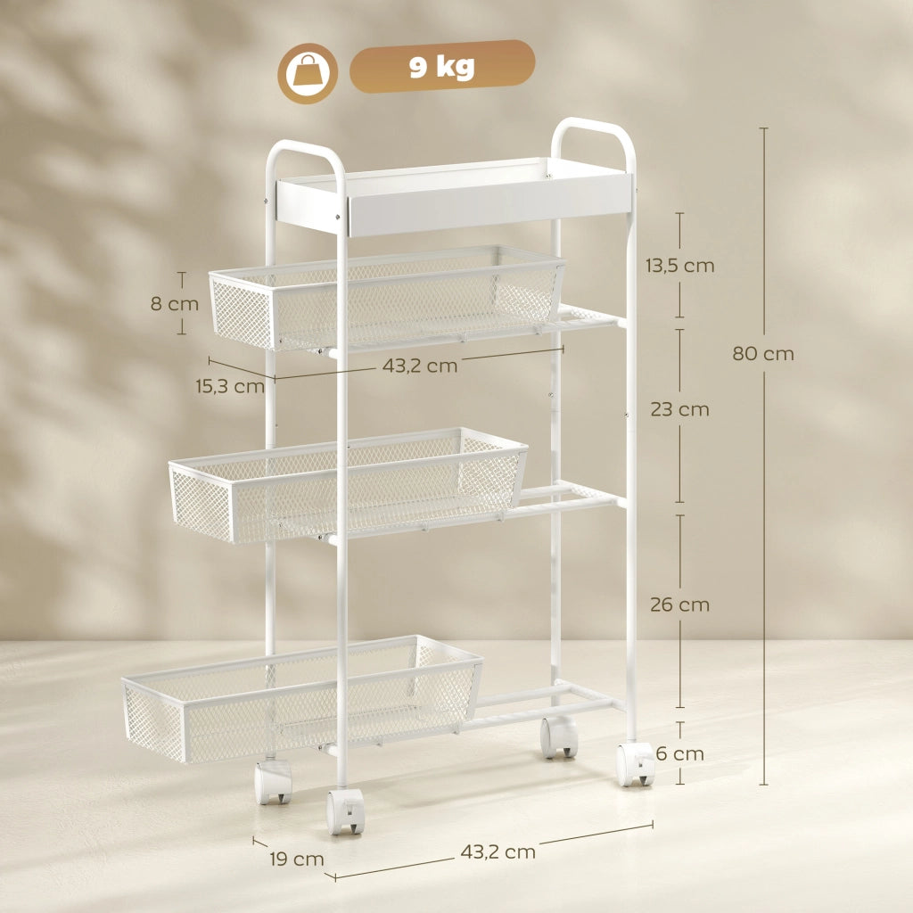 Carrello Multiuso in Metallo con 3 Cestelli ¨C Zephmum ¨C Bianco 60x40x90