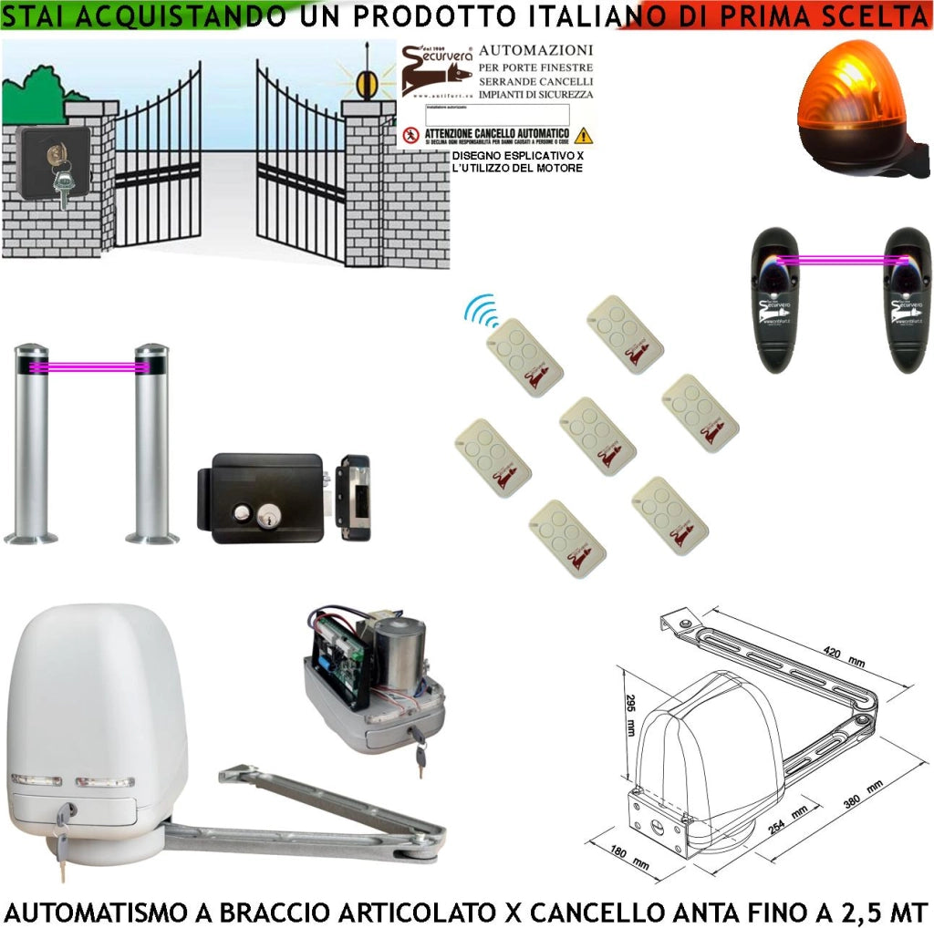 Kit Motore a Braccio Articolato 220/24 V Cancello Automatico Anta da 0,5 a 2,5 MT Elettroserratura 7 Radiocomandi Faro Selettore 2 Paline 2 Foto