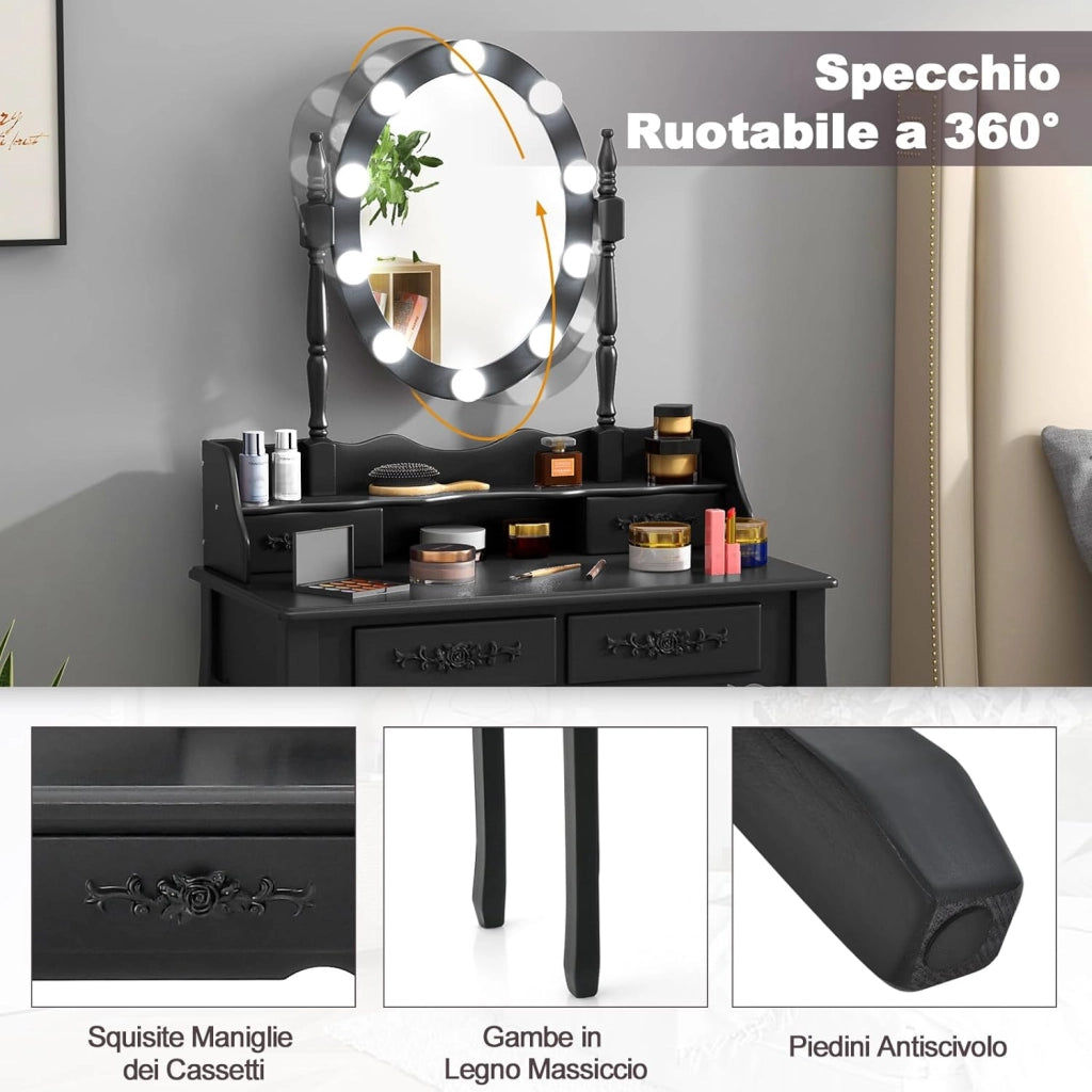 Toeletta Trucco con Specchio e 10 Luci LED, Luminosità Regolabile, Postazione Trucco con Sgabello Imbottito, Tavolo da Trucco Scrivania con 4 Cassetti Camera da Letto (Nero)
