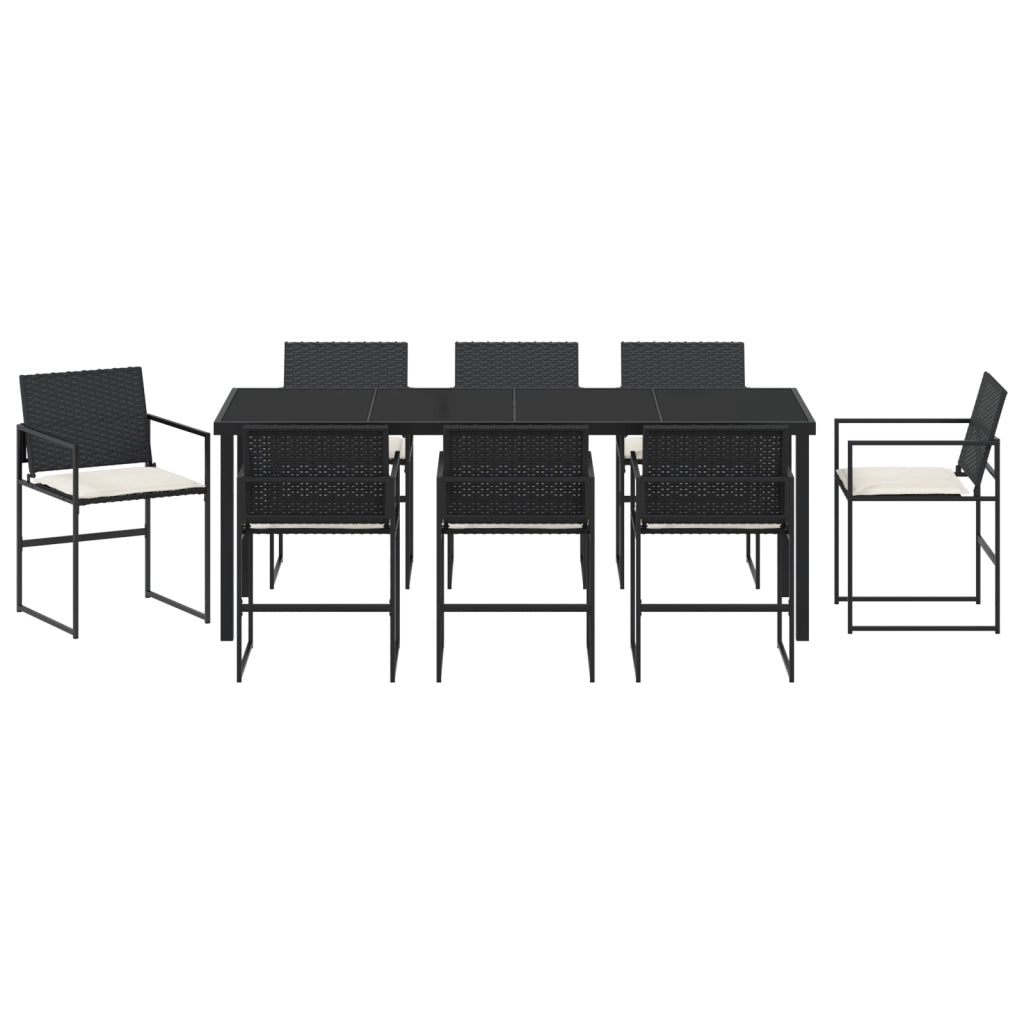 Set da Pranzo da Giardino 9 Pezzi con Cuscini Nero Rattan Polimerico