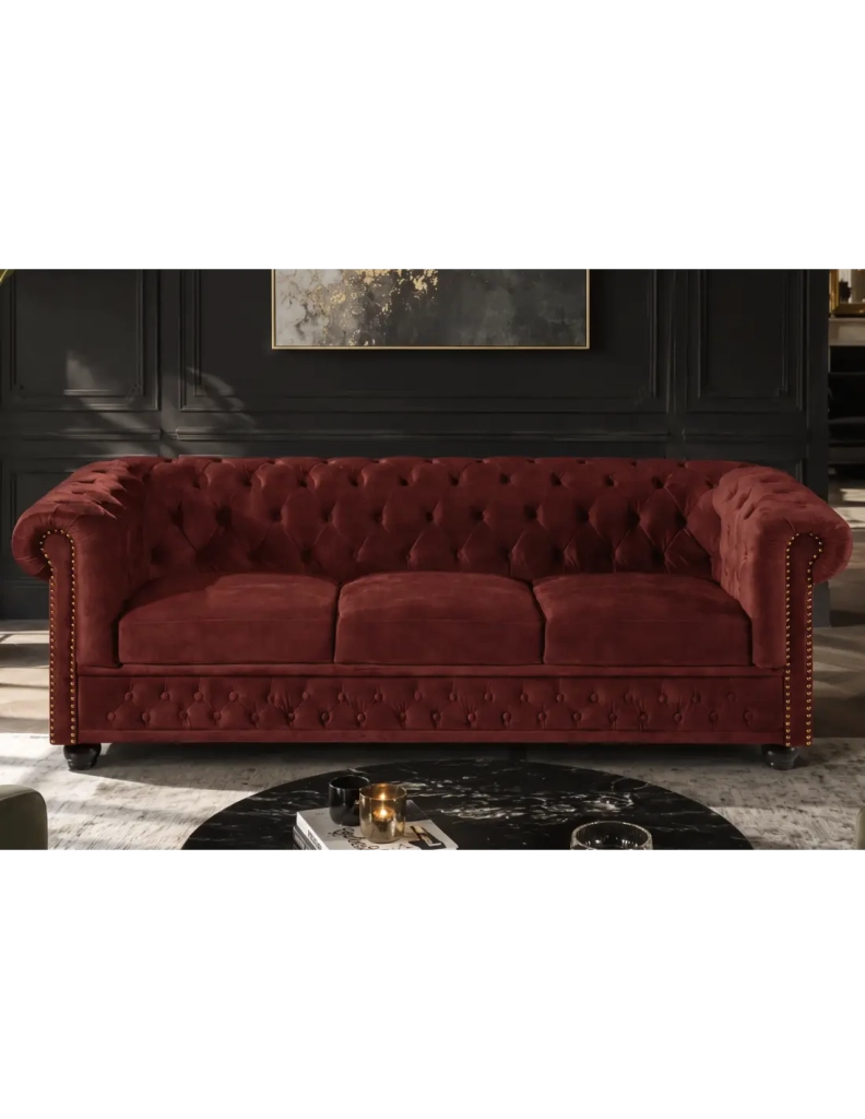 Divano Chesterfield EDGAR diritto 3 posti in velluto capitonnato - Rosso rubino - 205 x 72 x 85 cm