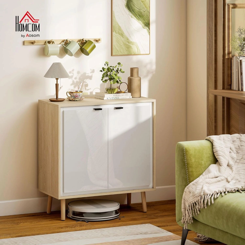 Credenza Cucina con 2 Ante, Mobile Cucina Moderno con Ripiano Regolabile e Piedi in Legno, Credenza Buffet per Soggiorno, Sala da Pranzo e Salotto, 72x35x77 cm, Bianco Lucido e Rovere