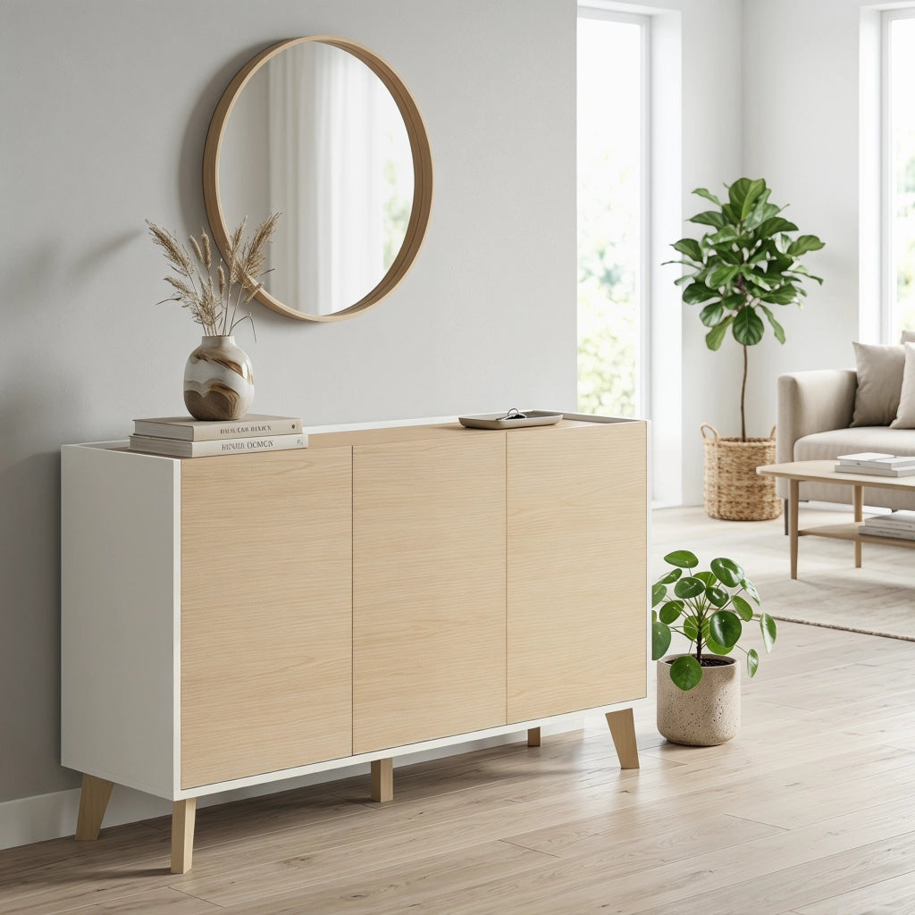 Credenza Buffet 120x35x73,5 cm con Ante Soft-Close in MDF Effetto Legno e Bianco