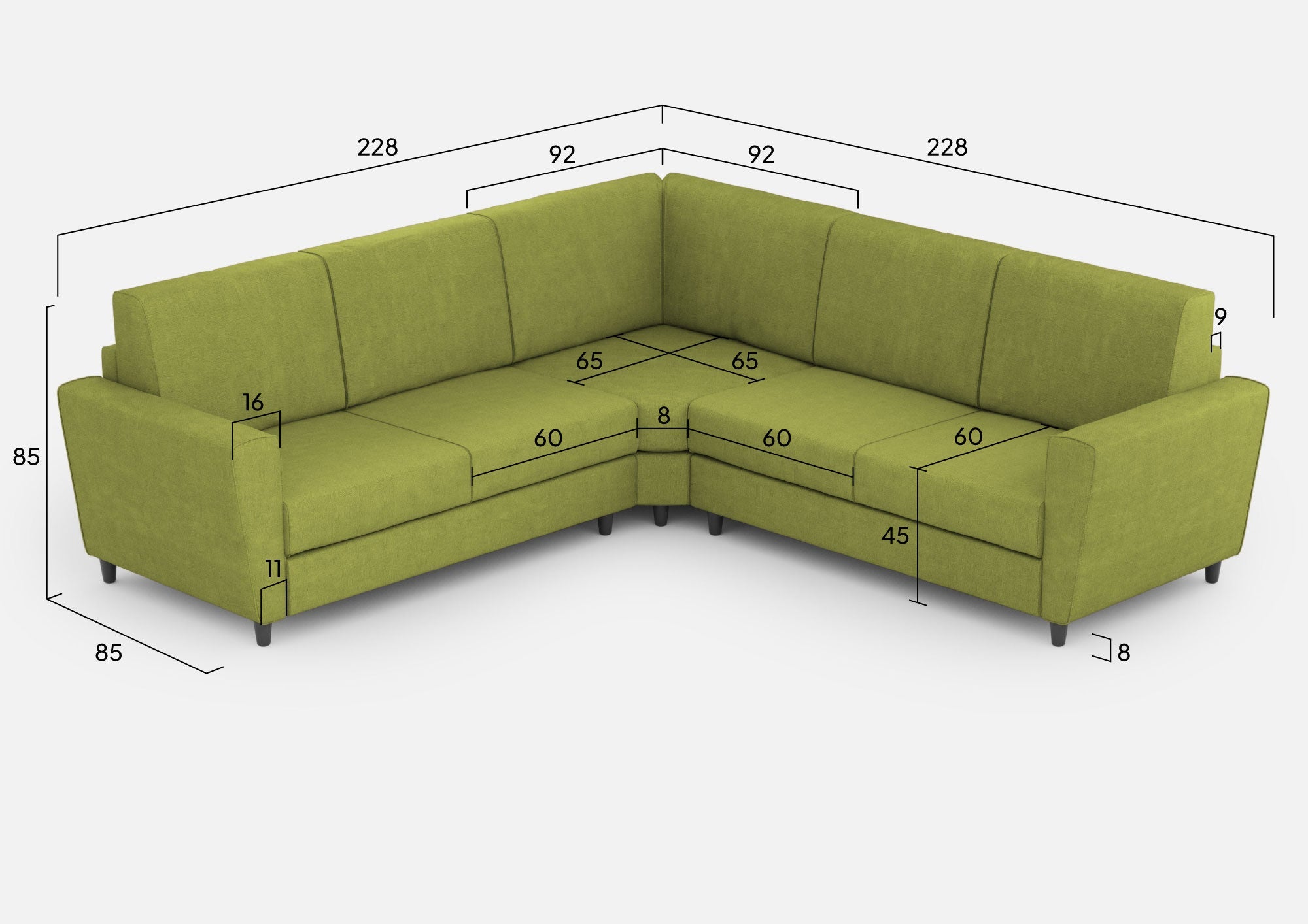 Divano Angolare 5 Posti 228x228x85 cm Yasel in Tessuto Verde