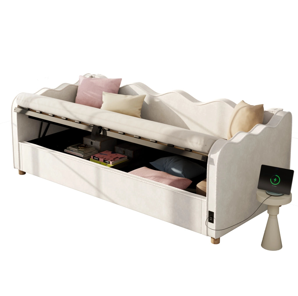 Letto 90x200 cm con contenitore idraulico, rete a doghe e porte USB/USB-C in velluto beige