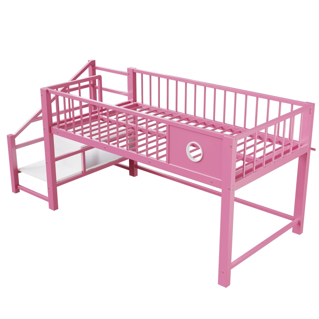 Letto a soppalco basso per bambini e adolescenti 90 × 200 cm con scala contenitore, senza materasso, in metallo, rosa