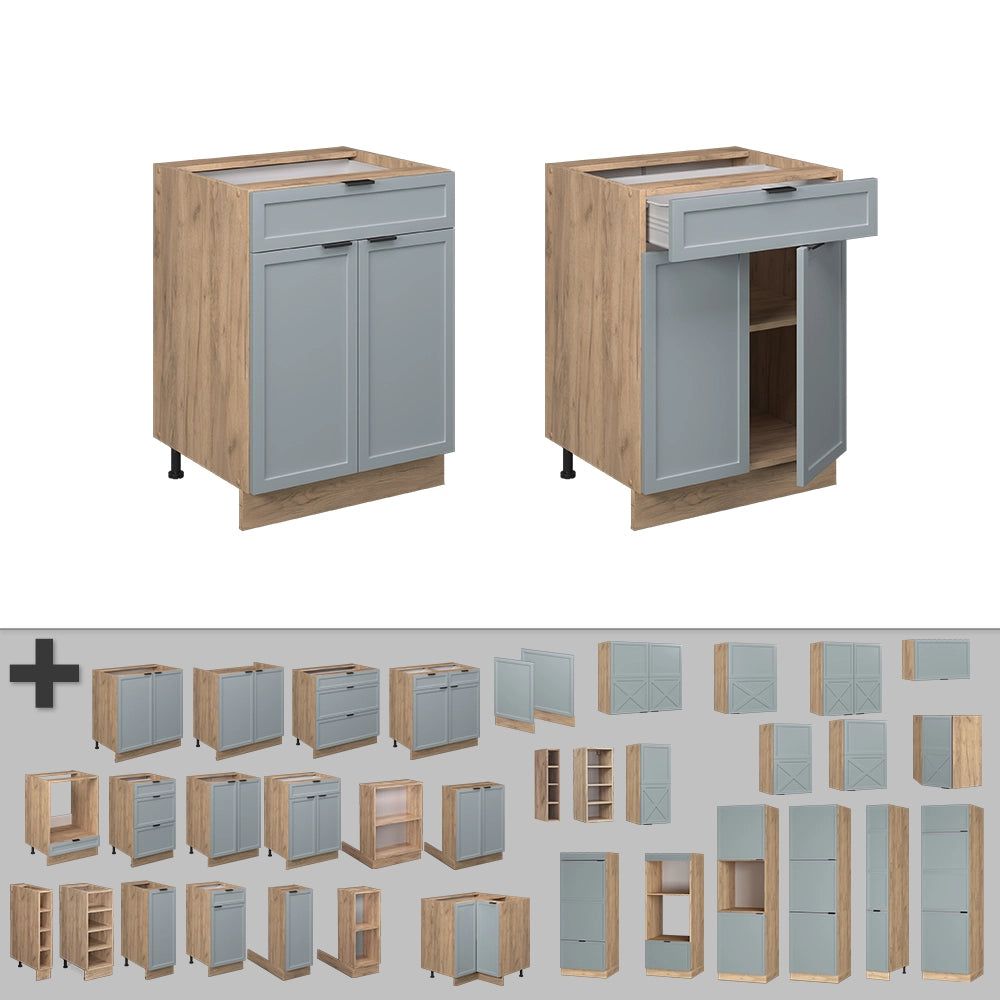 Mobiletto base per cucina Fame-Line Blu-grigio chiaro/Rovere dorato 60 cm con cassetto, PL Marmo Vicco