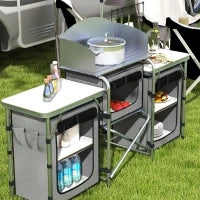 Cucina da Campeggio Pieghevole a 3 Piani con 5 Ripiani Interni e 4 Ganci, 172x48x119 cm, Grigio e Argento