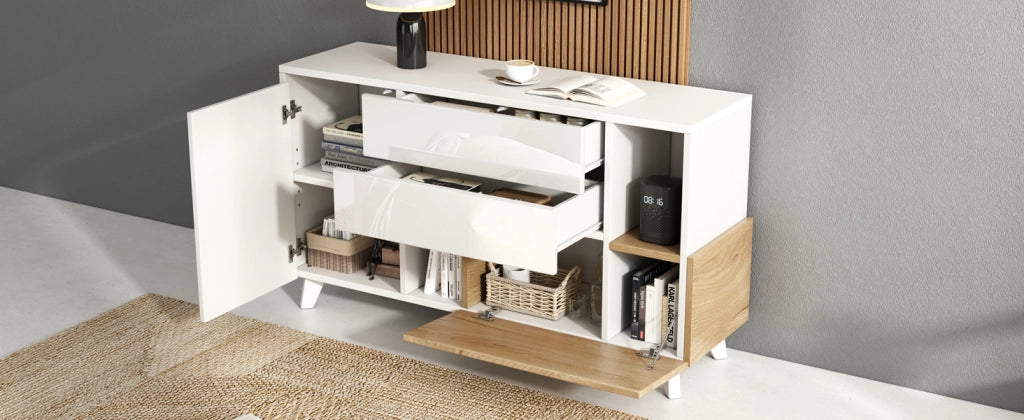 Credenza Moderna Bianco Lucido e Legno Madia 130 cm con 2 Cassetti e Ante Stile Scandinavo