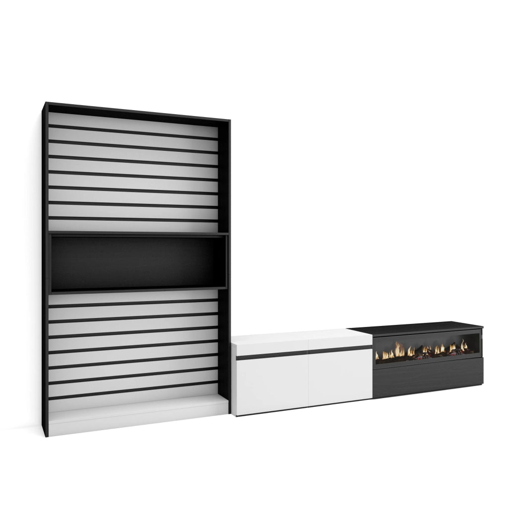 Mobile TV, Soggiorno, 310x35x186cm, Per TV fino a 80", Camino elettrico, Bianco e nero RF2852