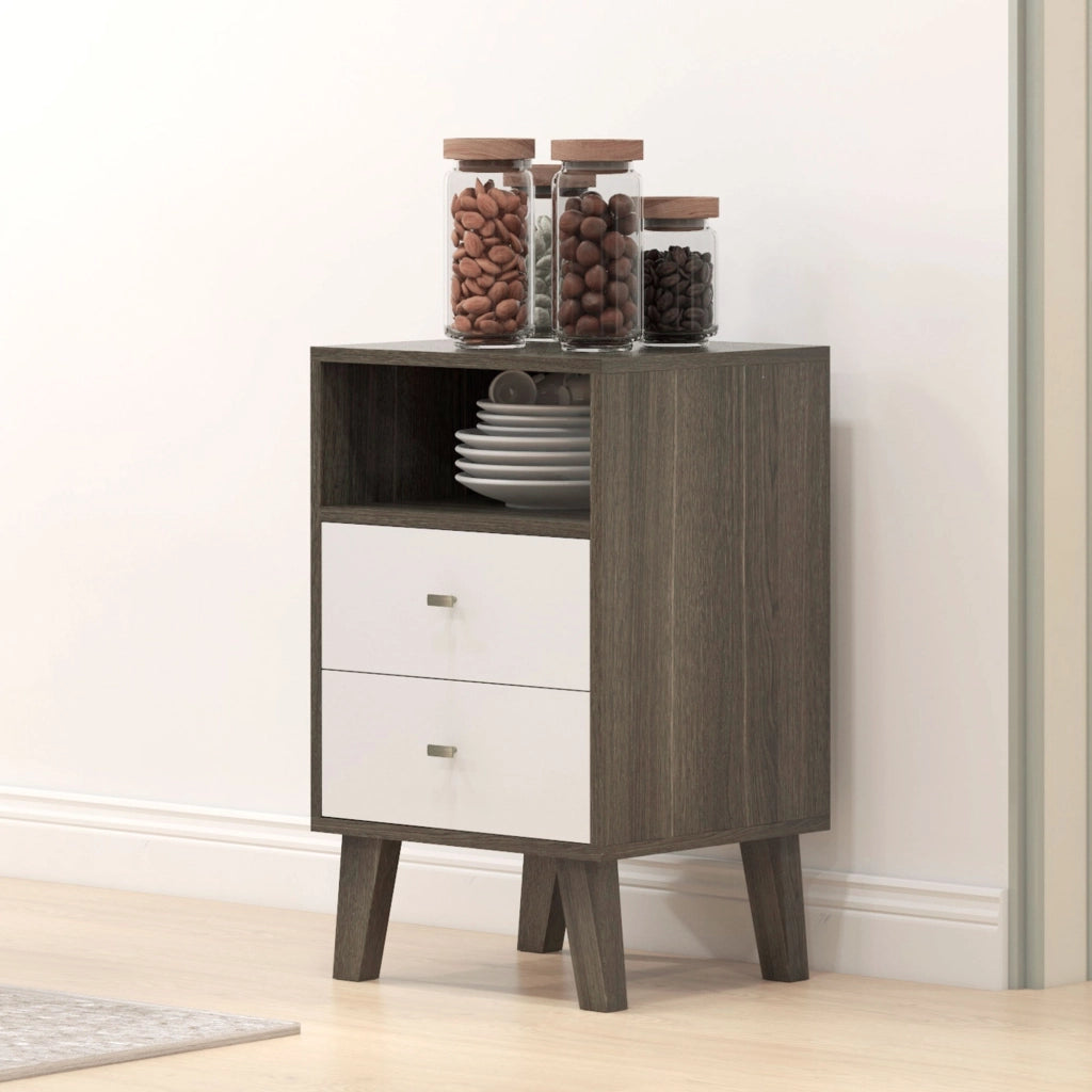 Comodino Moderno con 2 Cassetti e Vano Aperto ¨C zephmum ¨C Grigio e Bianco 40x34x64cm