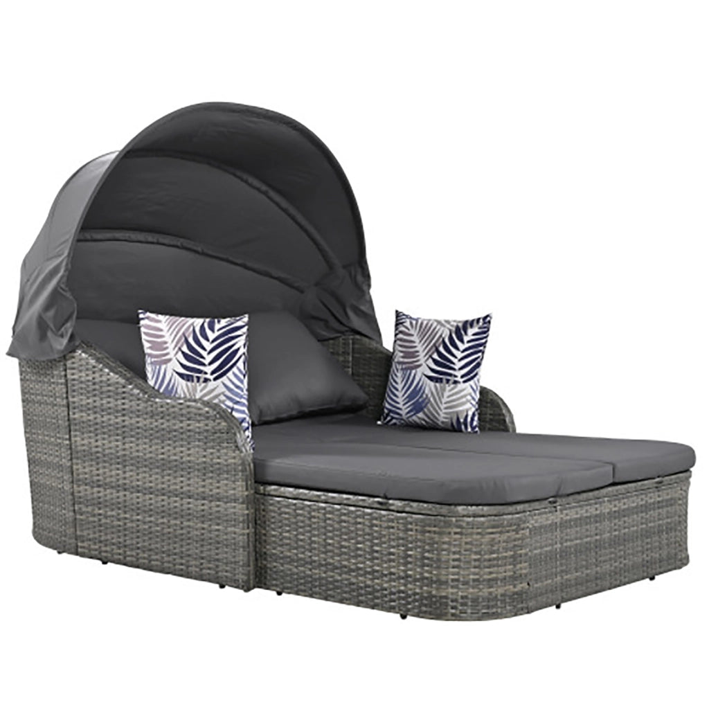 Canap?? da giardino in rattan PE - Xylo - con baldaquin regolabile, 4 cuscini e copricuscino grigio
