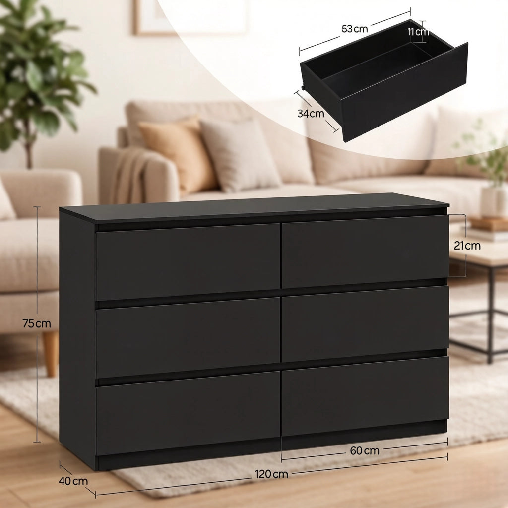 Credenza con 6 cassetti, per soggiorno e camera da letto, in legno ingegnerizzato, nero, 120 × 40 × 75 cm