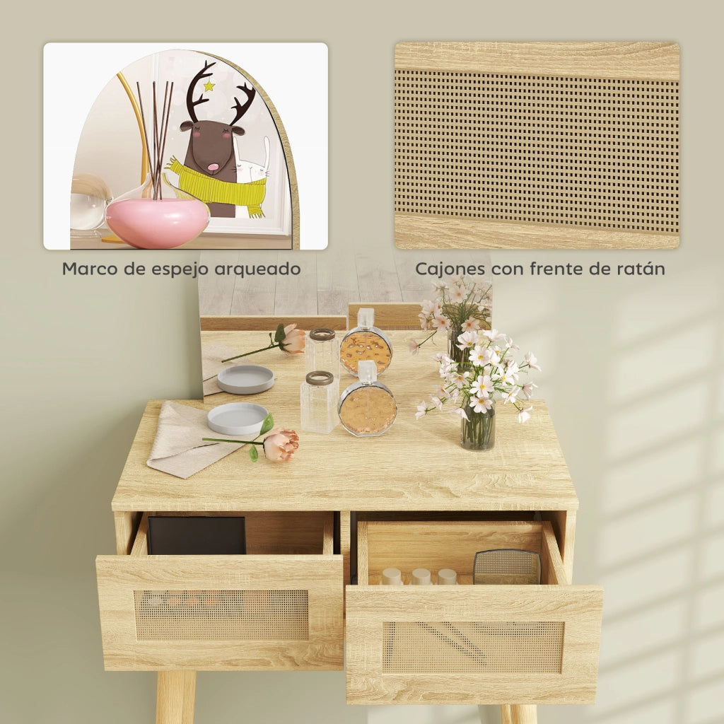 Tocador con Specchio Arcuato e 2 Cassetti ¨C zephmum ¨C Legno Naturale con Frontale in Rattan
