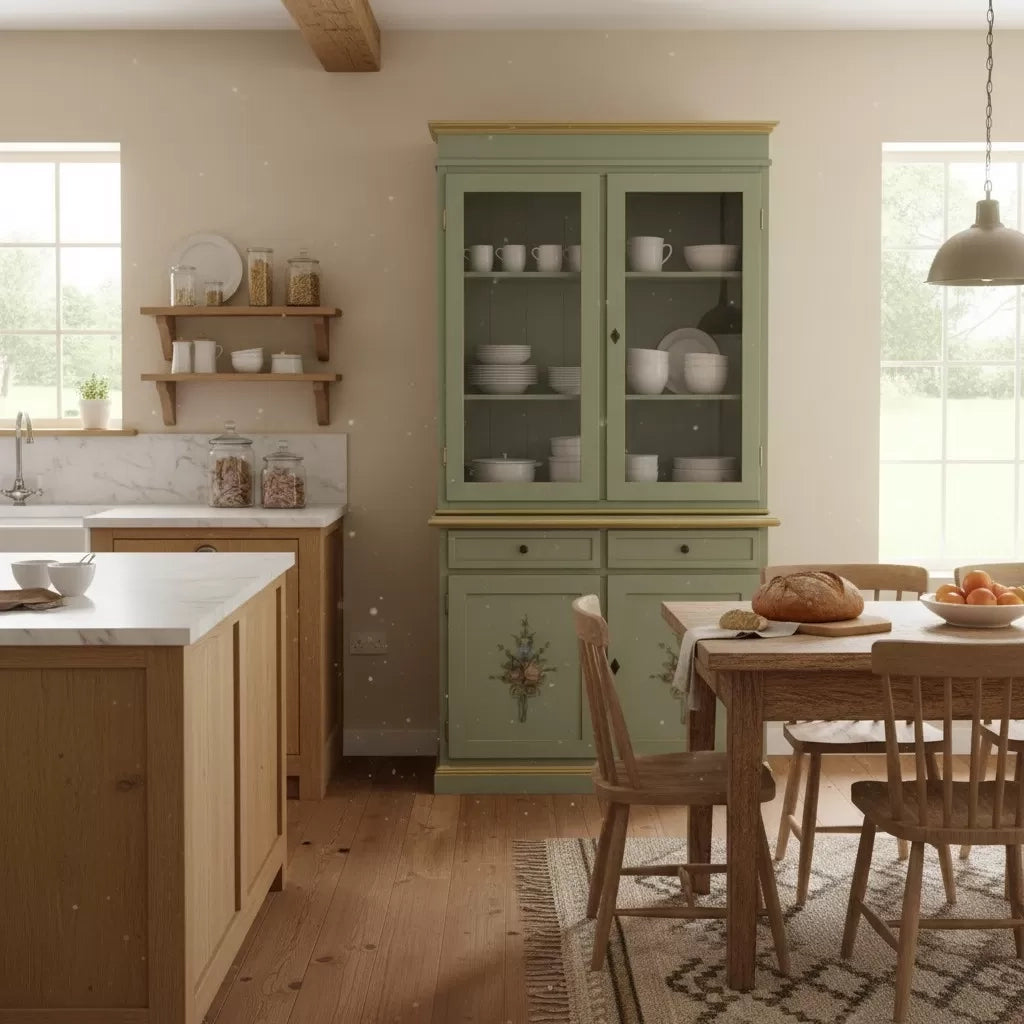 Cristalliera 2 porte shabby legno verde salvia decorata filo oro 105x42x206 - Mobili 2G