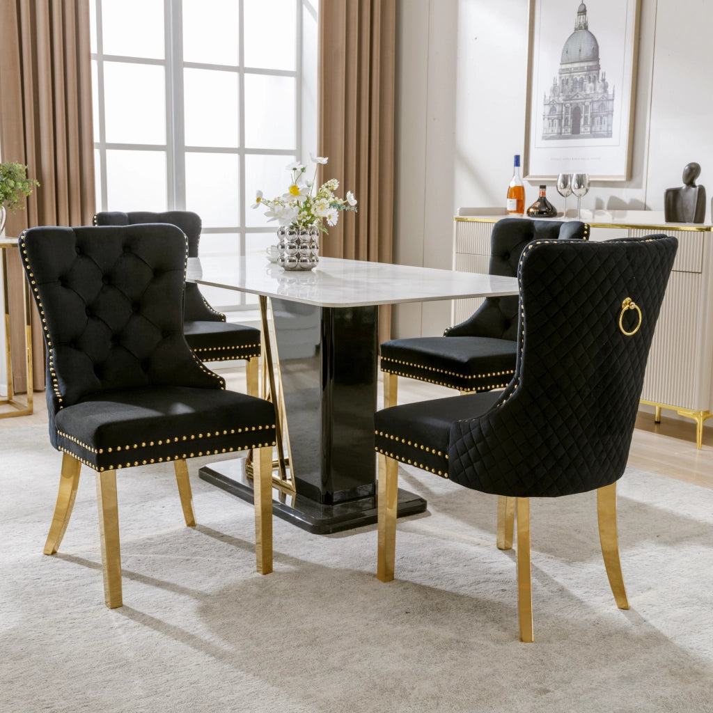 Sedia da Pranzo con Anello Posteriore e Borchie Decorative, in Velluto Nero, 50.5 × 45 × 95 cm