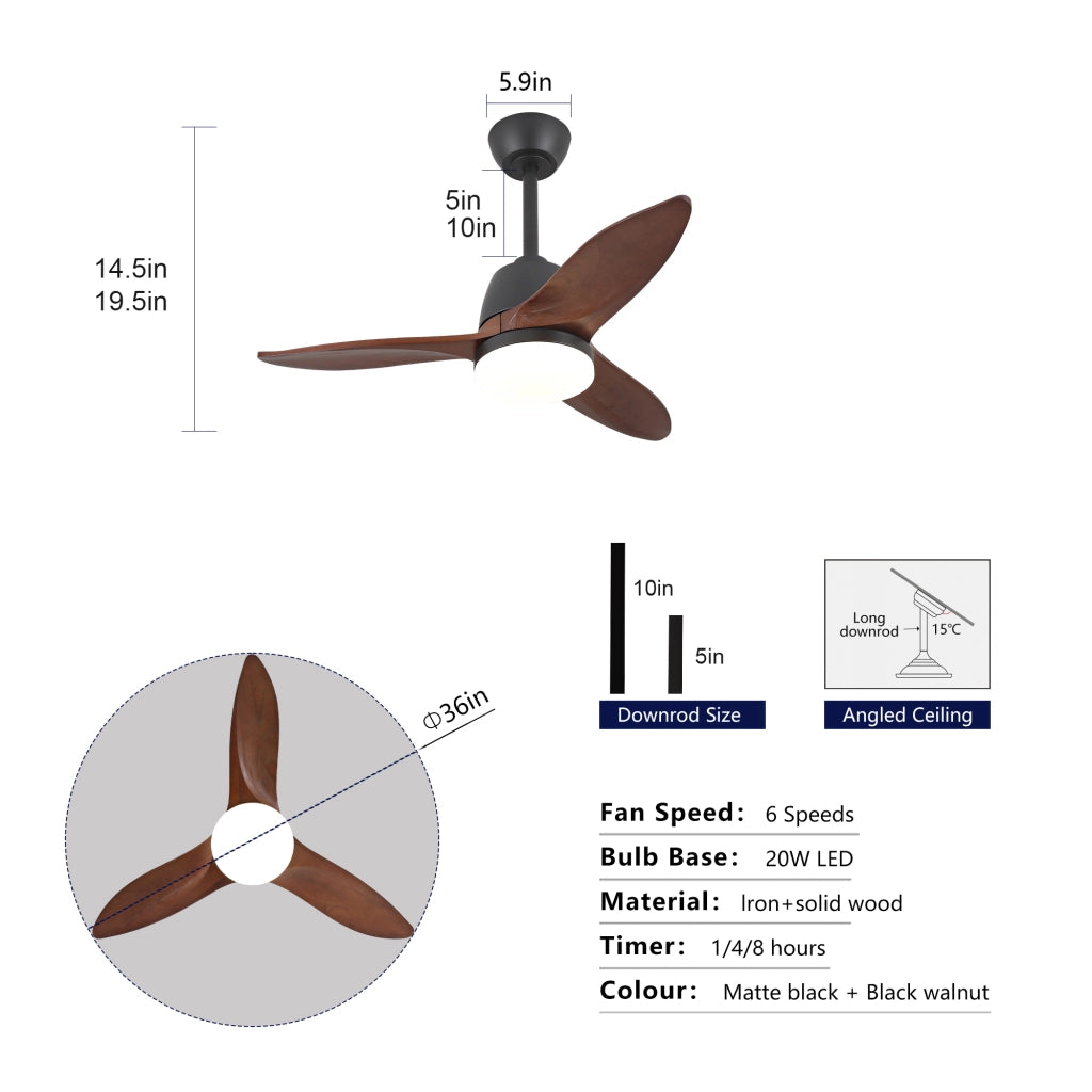Ventilatore da soffitto nero con luce LED a 3 tonalità, pale in legno e motore DC reversibile per soggiorno