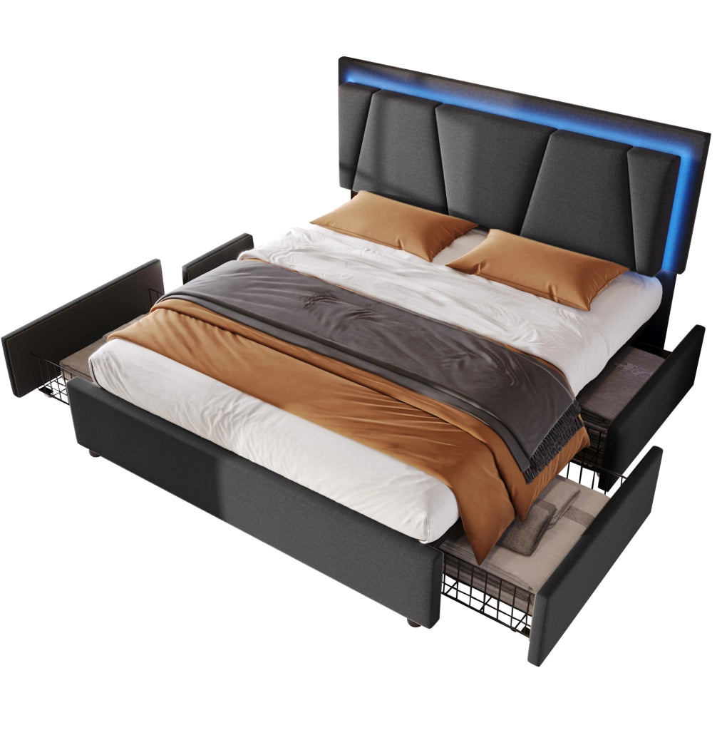 Letto imbottito 160 x 200 cm grigio con LED, 4 cassetti e materasso