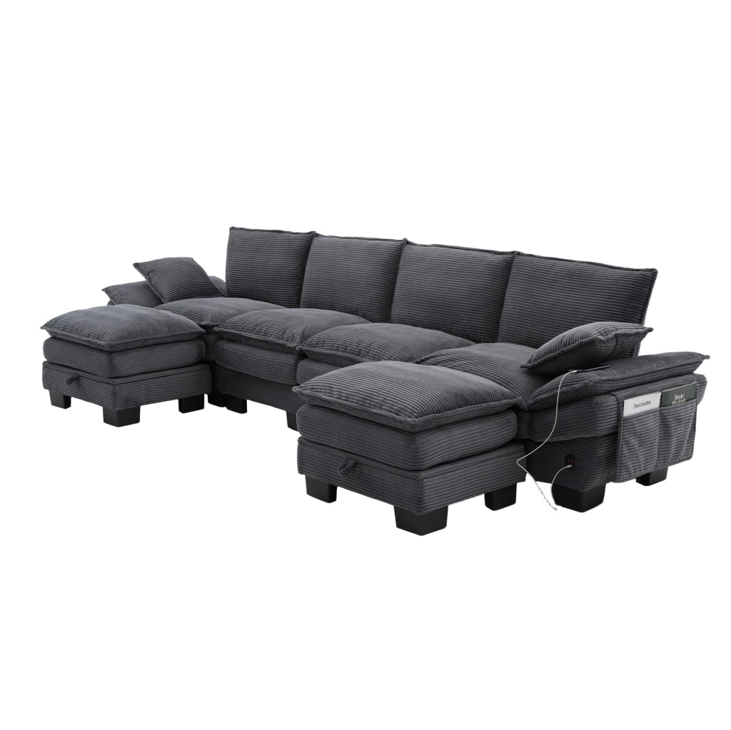 Divano modulare 4 posti ULEVR 330x132x84 cm con 2 pouf, USB-C e tasche laterali, velluto a coste grigio scuro